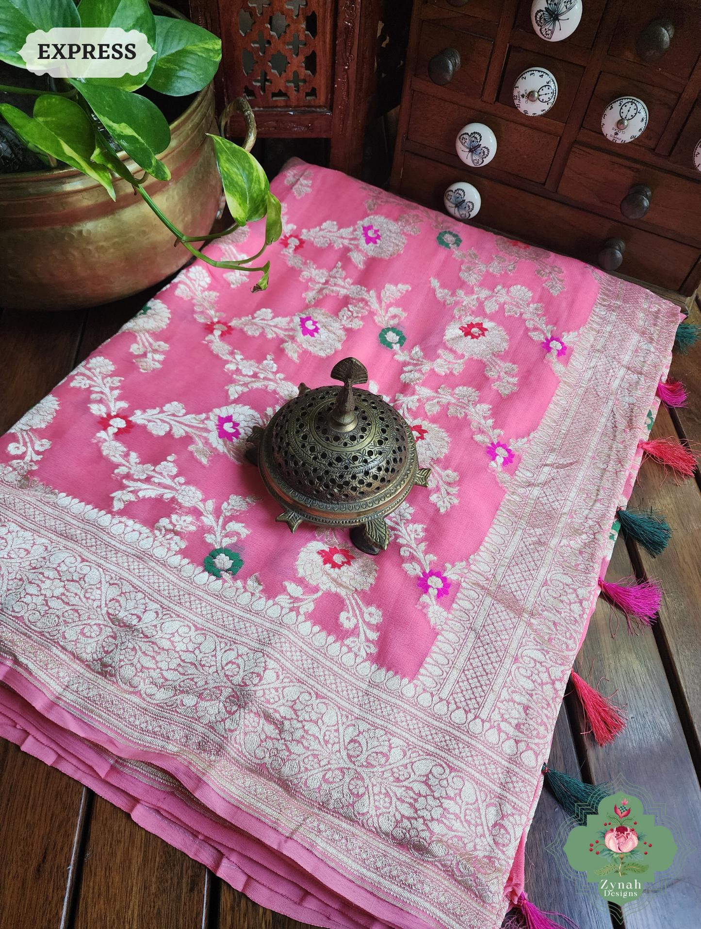 Zynah Pink Pure Khaddi Georgette Banarasi Saree With Meena Work & Zari Woven Border & Pallu; Custom Stitched/Ready-made Blouse, Fall, Petticoat; SKU: 1806202501