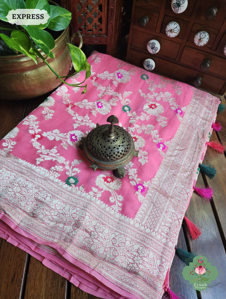 Zynah Pink Pure Khaddi Georgette Banarasi Saree With Meena Work & Zari Woven Border & Pallu; Custom Stitched/Ready-made Blouse, Fall, Petticoat; SKU: 1806202501