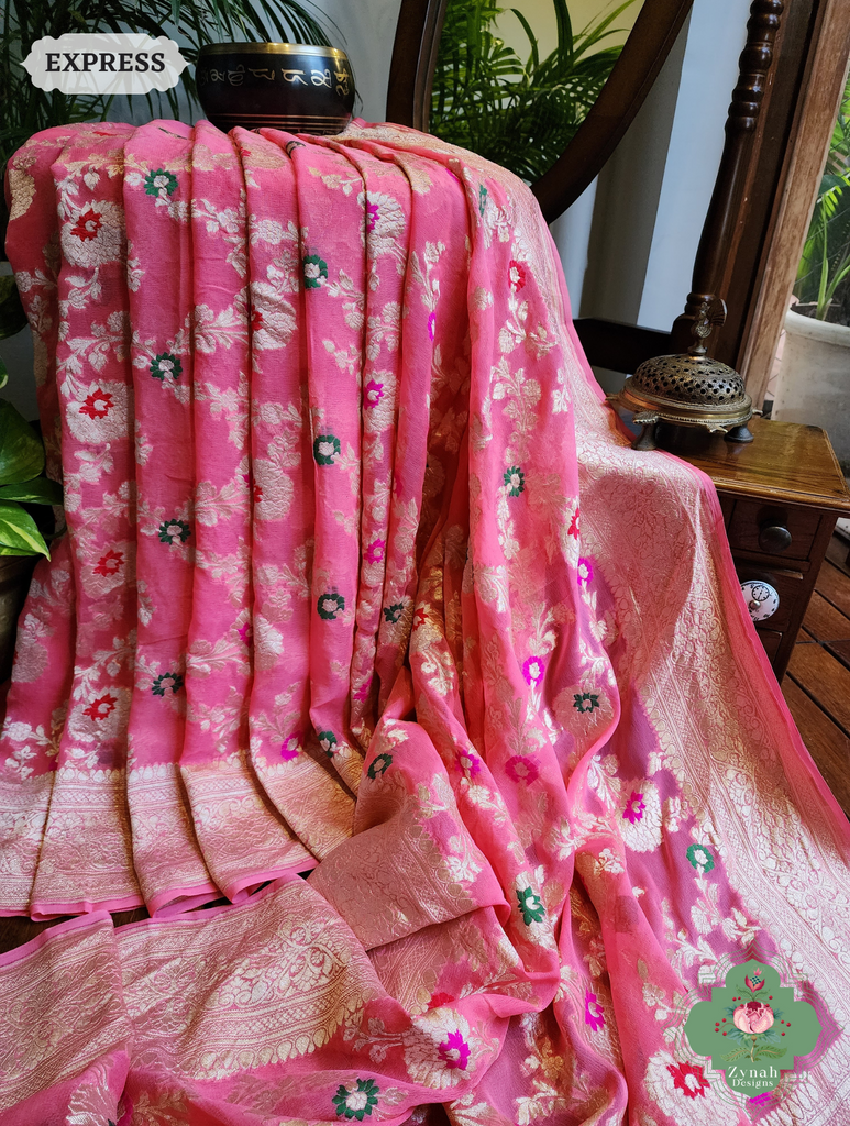 Zynah Pink Pure Khaddi Georgette Banarasi Saree With Meena Work & Zari Woven Border & Pallu; Custom Stitched/Ready-made Blouse, Fall, Petticoat; SKU: 1806202501