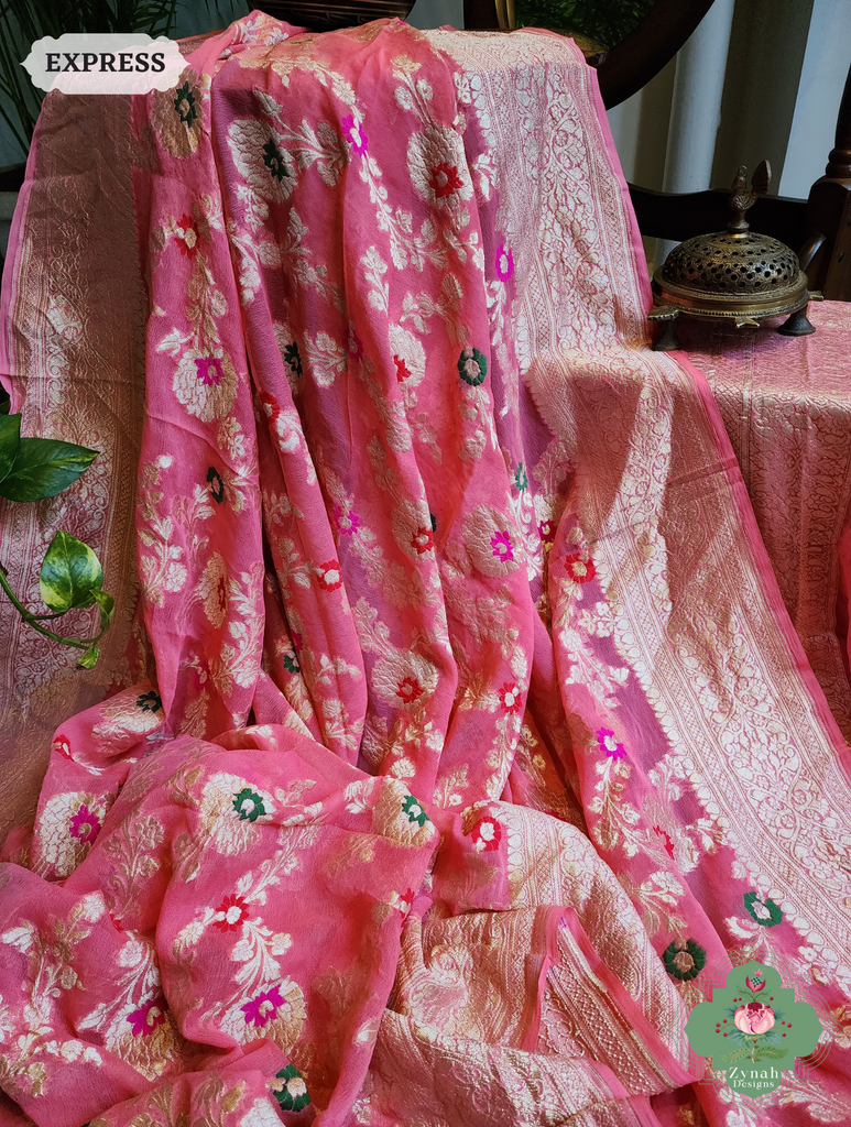 Zynah Pink Pure Khaddi Georgette Banarasi Saree With Meena Work & Zari Woven Border & Pallu; Custom Stitched/Ready-made Blouse, Fall, Petticoat; SKU: 1806202501