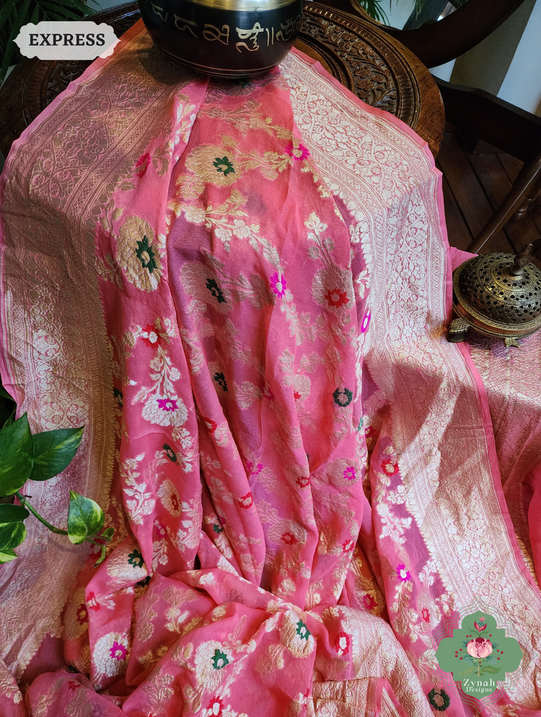 Zynah Pink Pure Khaddi Georgette Banarasi Saree With Meena Work & Zari Woven Border & Pallu; Custom Stitched/Ready-made Blouse, Fall, Petticoat; SKU: 1806202501
