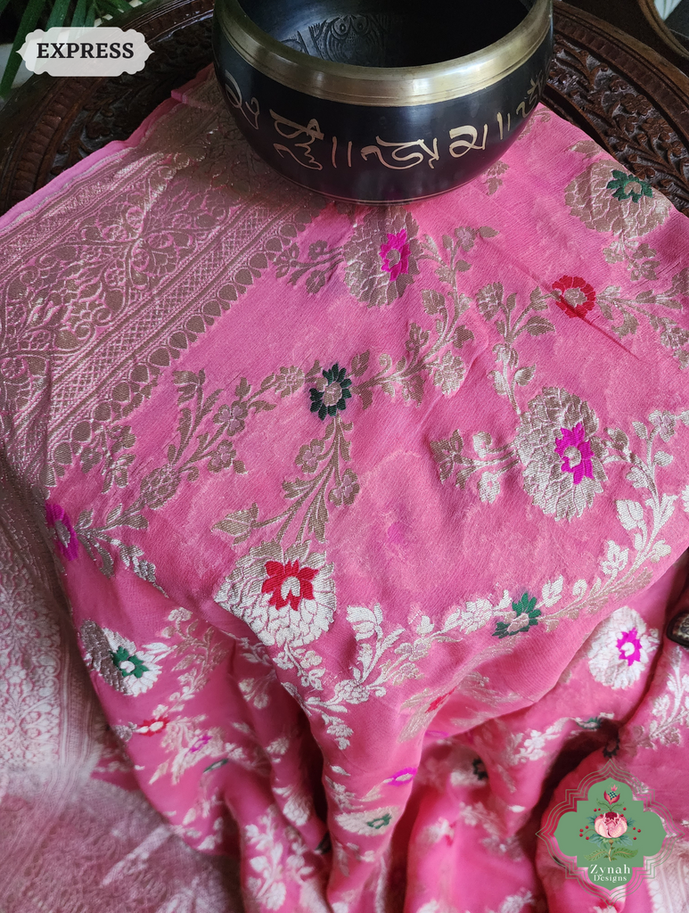Zynah Pink Pure Khaddi Georgette Banarasi Saree With Meena Work & Zari Woven Border & Pallu; Custom Stitched/Ready-made Blouse, Fall, Petticoat; SKU: 1806202501