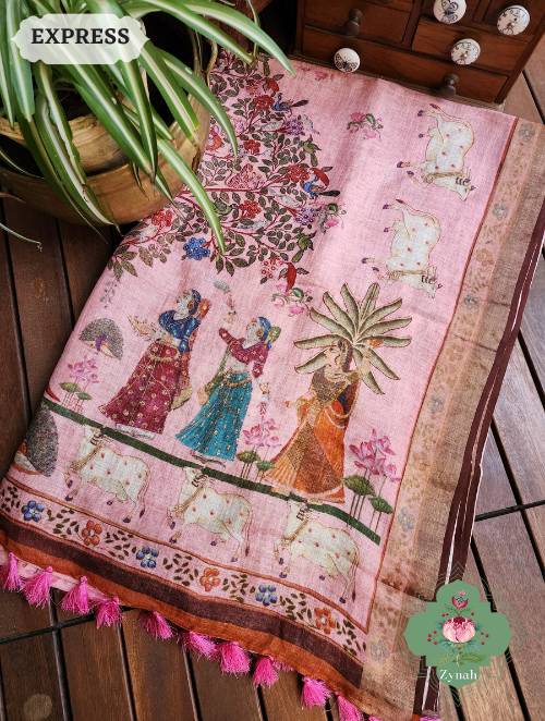 Zynah Pink Peach Organic Linen Saree With Pichwai Print; Custom Stitched/Ready-made Blouse, Fall, Petticoat; SKU: 2504202302