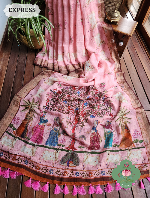 Zynah Pink Peach Organic Linen Saree With Pichwai Print; Custom Stitched/Ready-made Blouse, Fall, Petticoat; SKU: 2504202302