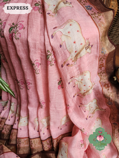 Zynah Pink Peach Organic Linen Saree With Pichwai Print; Custom Stitched/Ready-made Blouse, Fall, Petticoat; SKU: 2504202302