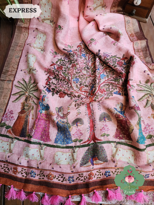Zynah Pink Peach Organic Linen Saree With Pichwai Print; Custom Stitched/Ready-made Blouse, Fall, Petticoat; SKU: 2504202302