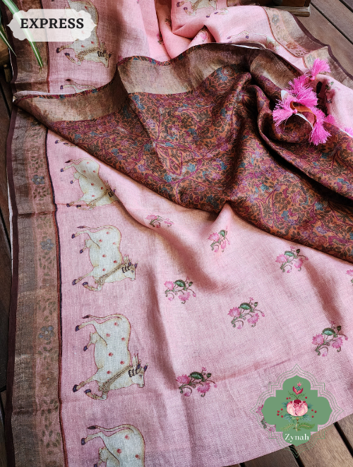 Zynah Pink Peach Organic Linen Saree With Pichwai Print; Custom Stitched/Ready-made Blouse, Fall, Petticoat; SKU: 2504202302