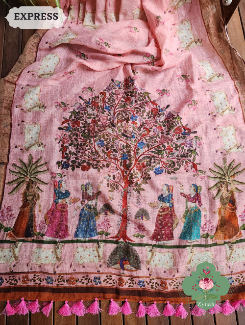 Zynah Pink Peach Organic Linen Saree With Pichwai Print; Custom Stitched/Ready-made Blouse, Fall, Petticoat; SKU: 2504202302