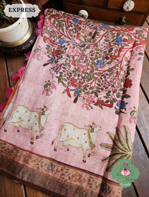 Zynah Pink Peach Organic Linen Saree With Pichwai Print; Custom Stitched/Ready-made Blouse, Fall, Petticoat; SKU: 2504202302