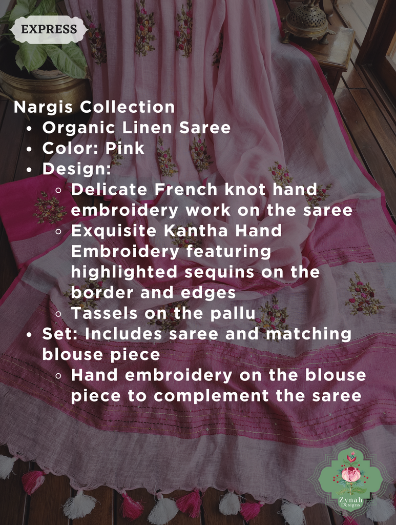 Pink Organic Linen Saree With Frenchknot Hand Embroidery 2