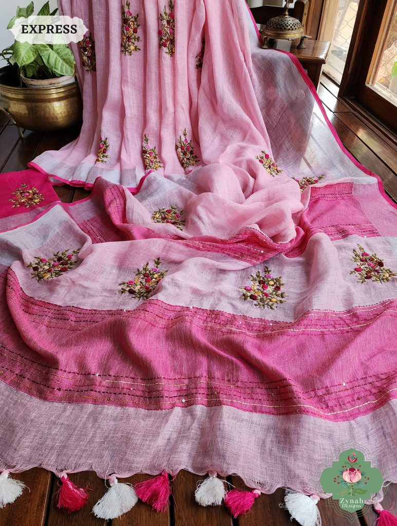 Pink Organic Linen Saree With Frenchknot Hand Embroidery 3