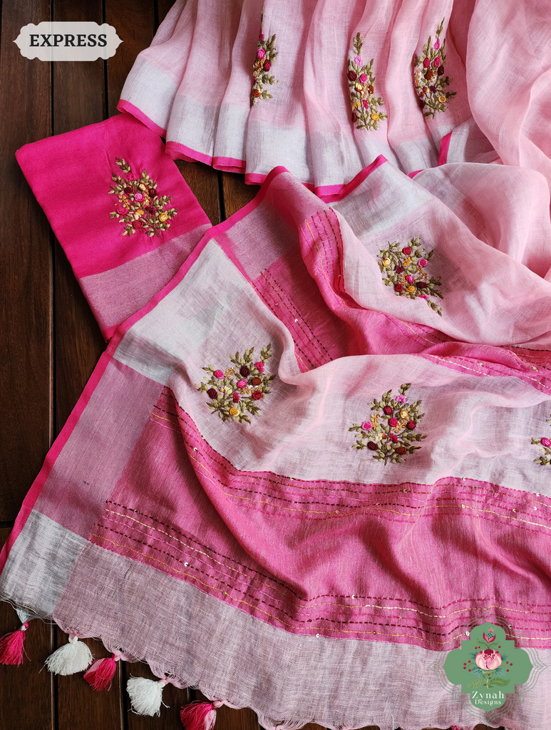 Pink Organic Linen Saree With Frenchknot Hand Embroidery 4