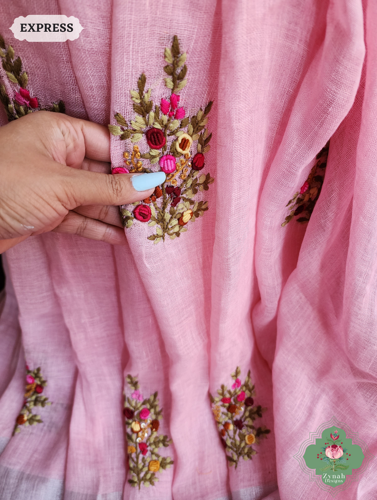 Pink Organic Linen Saree With Frenchknot Hand Embroidery 5