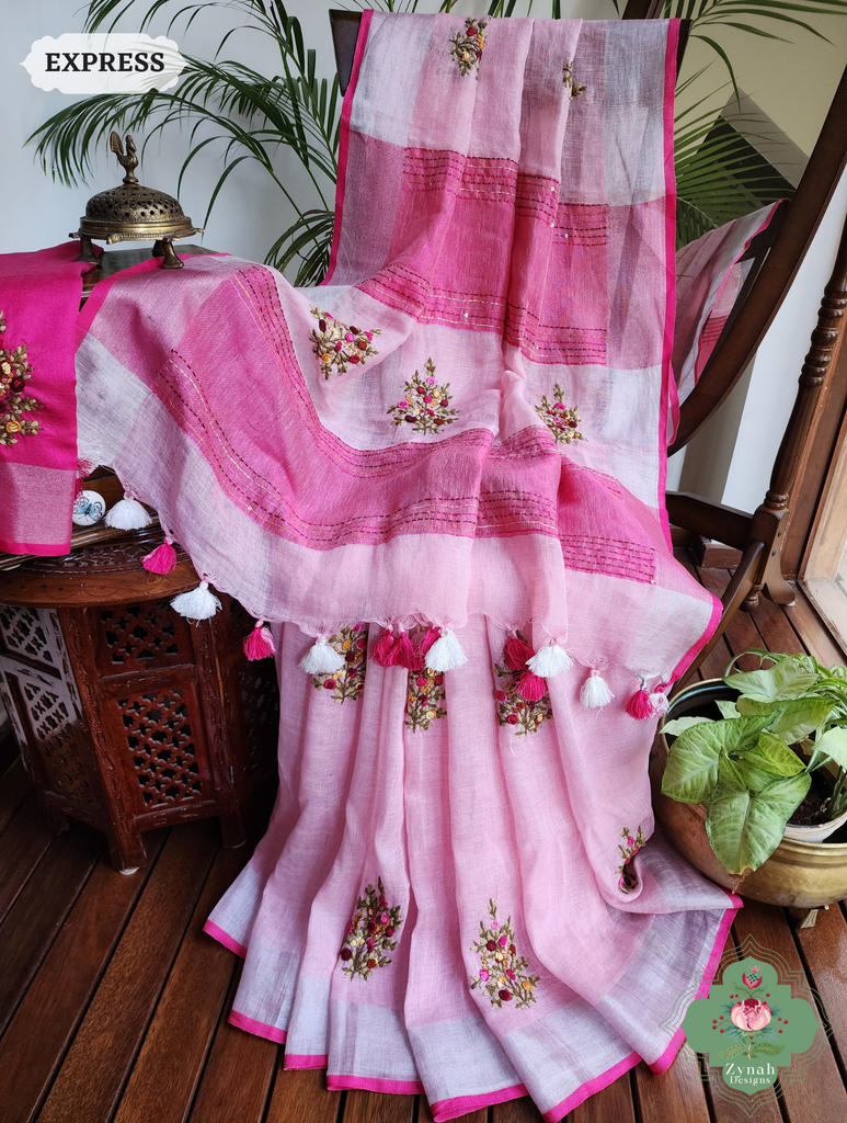 Pink Organic Linen Saree With Frenchknot Hand Embroidery 6