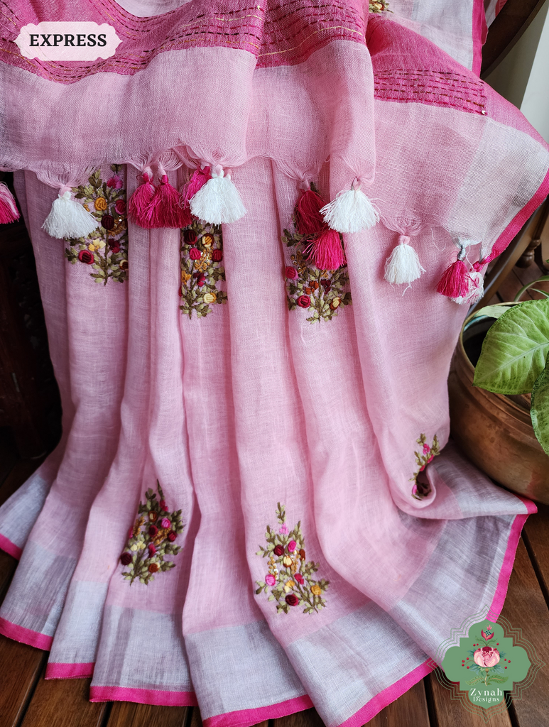 Pink Organic Linen Saree With Frenchknot Hand Embroidery 7