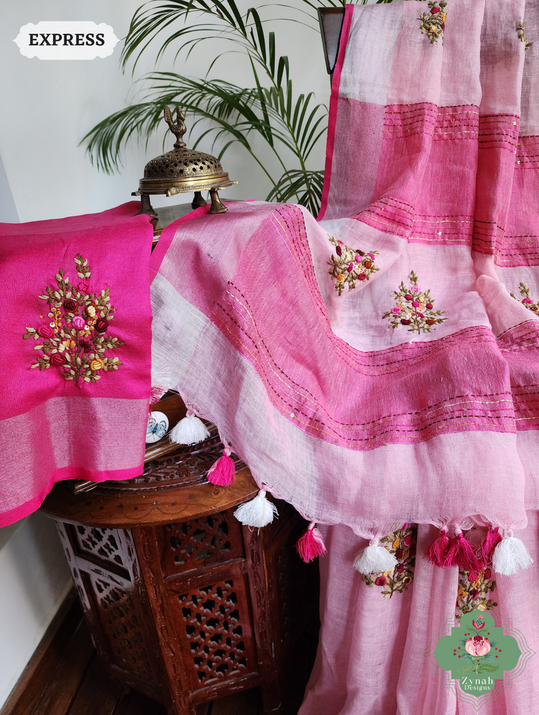 Pink Organic Linen Saree With Frenchknot Hand Embroidery 8