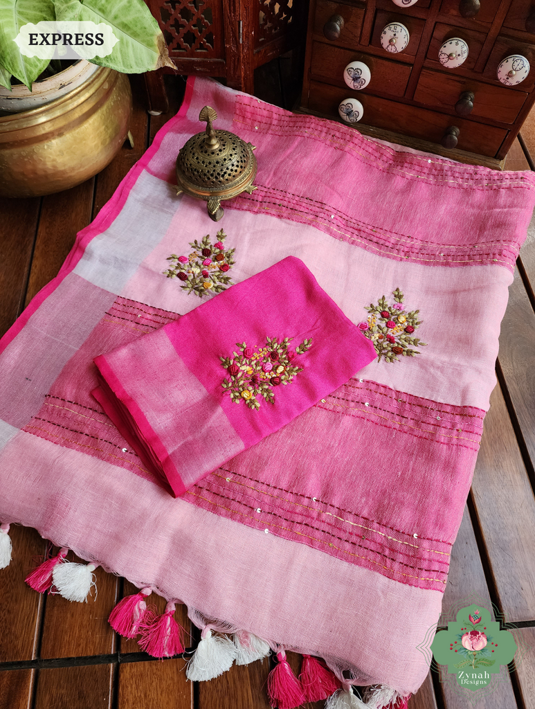 Pink Organic Linen Saree With Frenchknot Hand Embroidery 9
