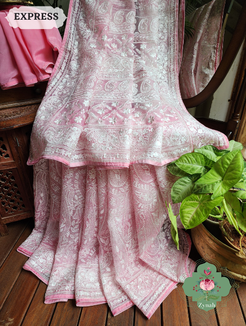 Zynah Pink Hand-Dyed Shaded Organza Chikankari Saree With Beautiful Paisleys; Custom Stitched/Ready-made Blouse, Fall, Petticoat; SKU: 2205202303