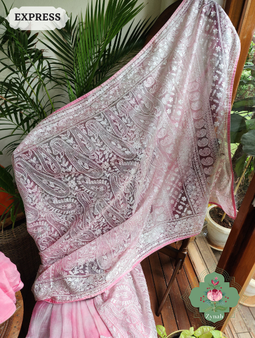 Zynah Pink Hand-Dyed Shaded Organza Chikankari Saree With Beautiful Paisleys; Custom Stitched/Ready-made Blouse, Fall, Petticoat; SKU: 2205202303