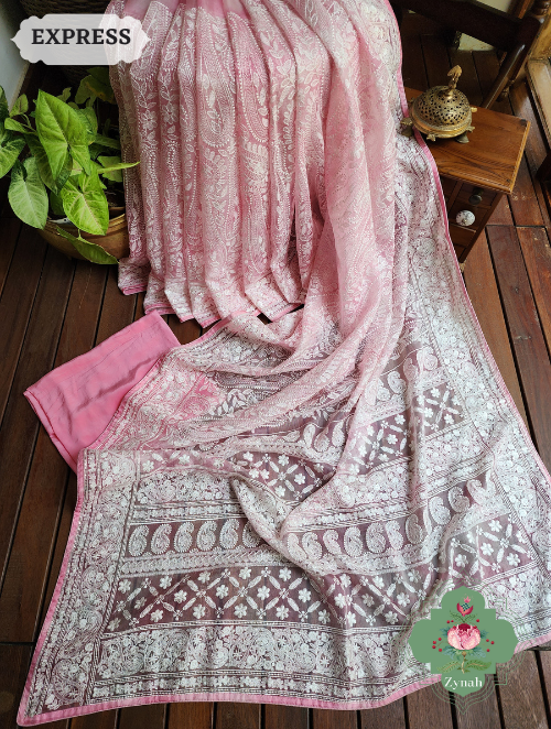 Zynah Pink Hand-Dyed Shaded Organza Chikankari Saree With Beautiful Paisleys; Custom Stitched/Ready-made Blouse, Fall, Petticoat; SKU: 2205202303
