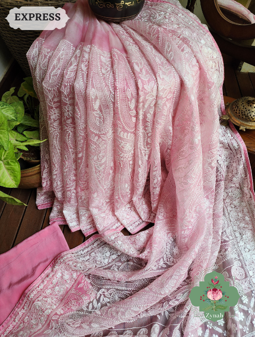 Zynah Pink Hand-Dyed Shaded Organza Chikankari Saree With Beautiful Paisleys; Custom Stitched/Ready-made Blouse, Fall, Petticoat; SKU: 2205202303