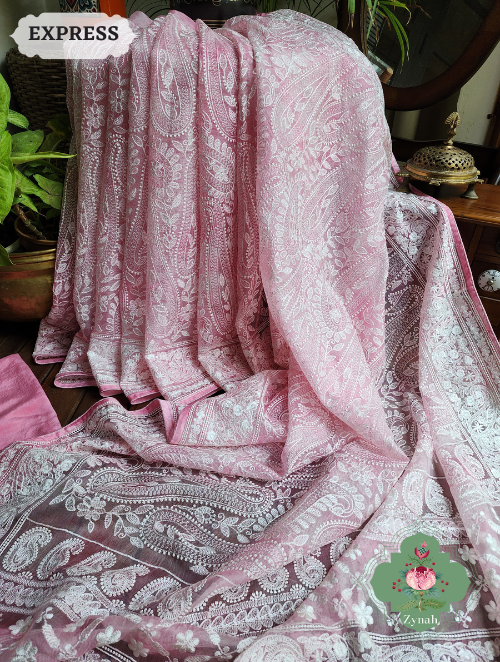 Zynah Pink Hand-Dyed Shaded Organza Chikankari Saree With Beautiful Paisleys; Custom Stitched/Ready-made Blouse, Fall, Petticoat; SKU: 2205202303