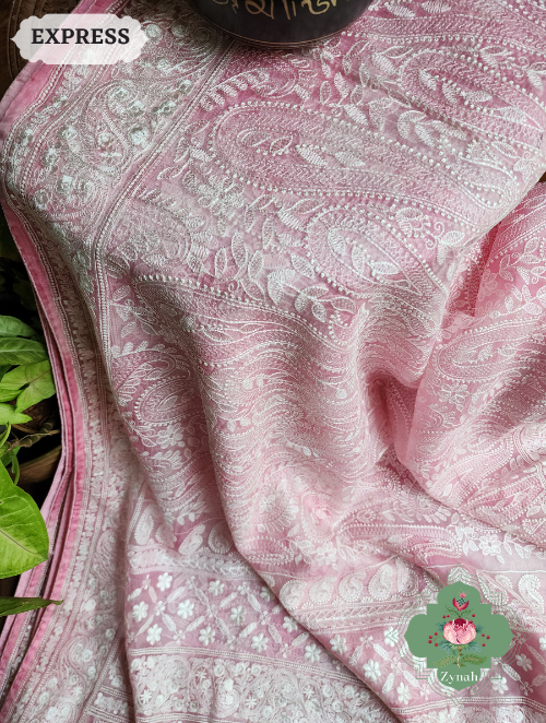 Zynah Pink Hand-Dyed Shaded Organza Chikankari Saree With Beautiful Paisleys; Custom Stitched/Ready-made Blouse, Fall, Petticoat; SKU: 2205202303