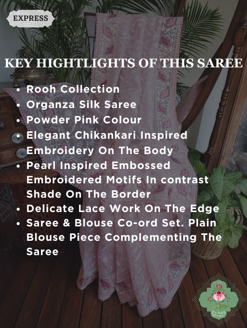 Powder Pink Organza Silk Saree With Chikankari Inspired Embroidery 2