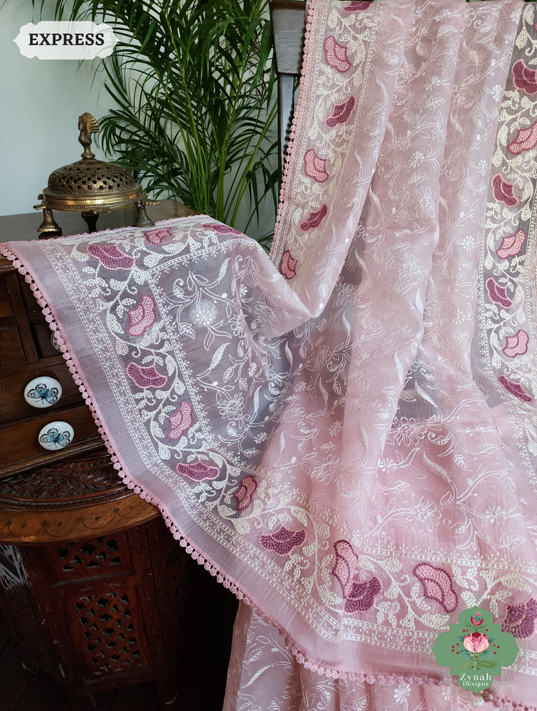 Powder Pink Organza Silk Saree With Chikankari Inspired Embroidery 3