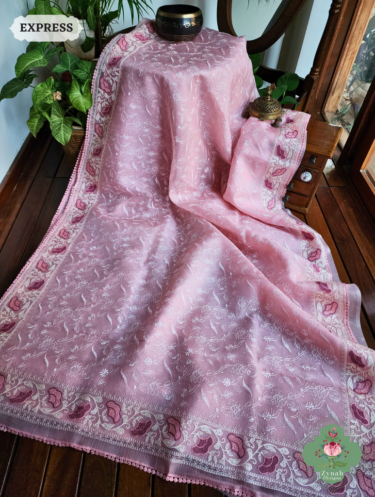 Powder Pink Organza Silk Saree With Chikankari Inspired Embroidery 4