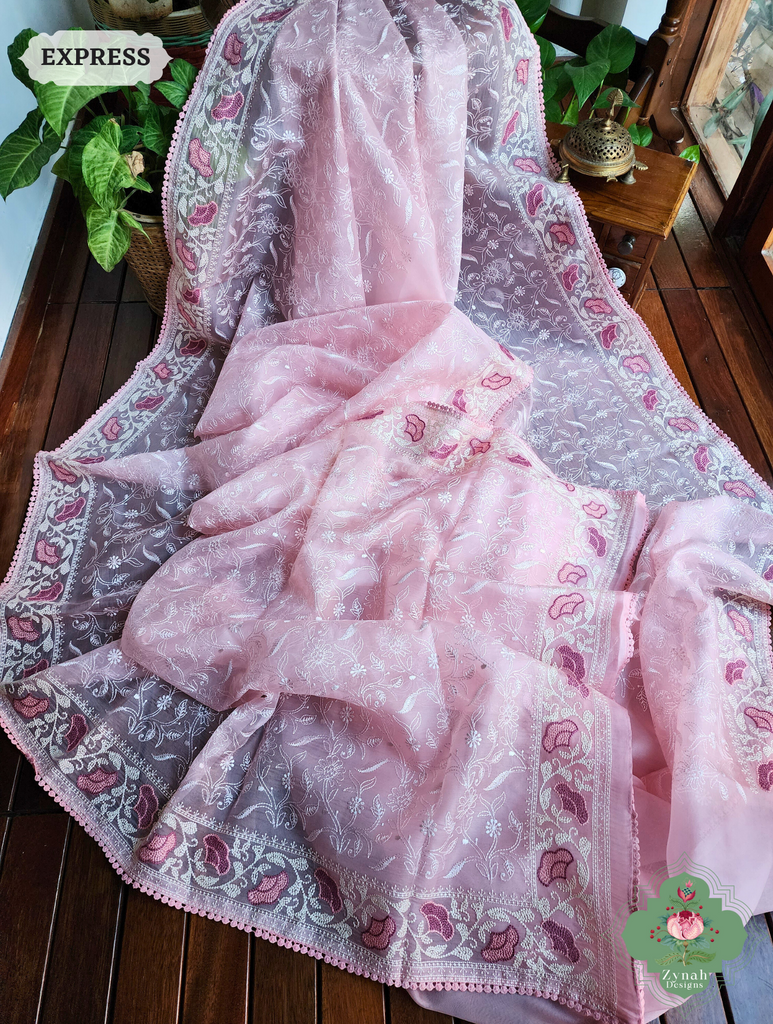Powder Pink Organza Silk Saree With Chikankari Inspired Embroidery 5