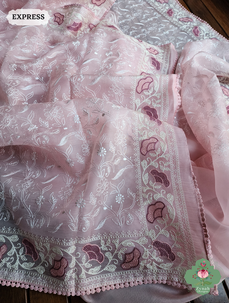 Powder Pink Organza Silk Saree With Chikankari Inspired Embroidery 6