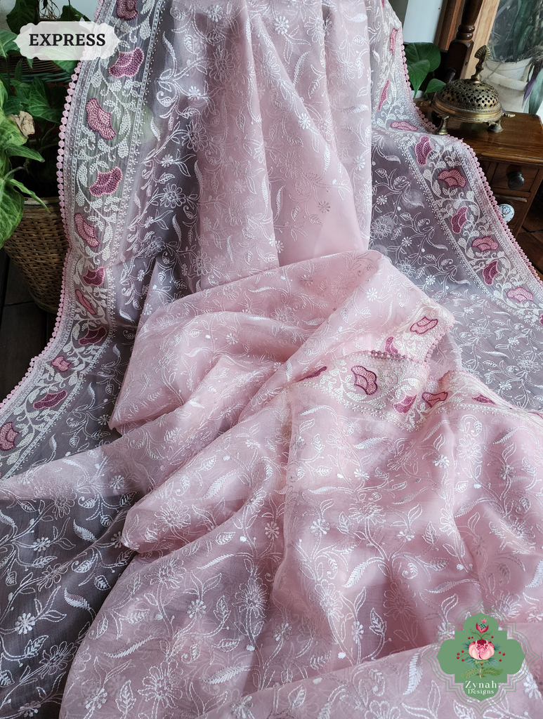 Zynah Powder Pink Organza Silk Saree With Chikankari Inspired Embroidery; Custom Stitched/Ready-made Blouse, Fall, Petticoat; SKU: 0703202402
