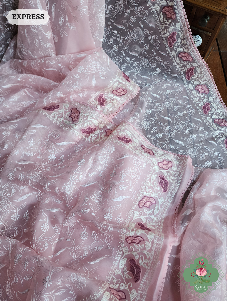 Powder Pink Organza Silk Saree With Chikankari Inspired Embroidery 8