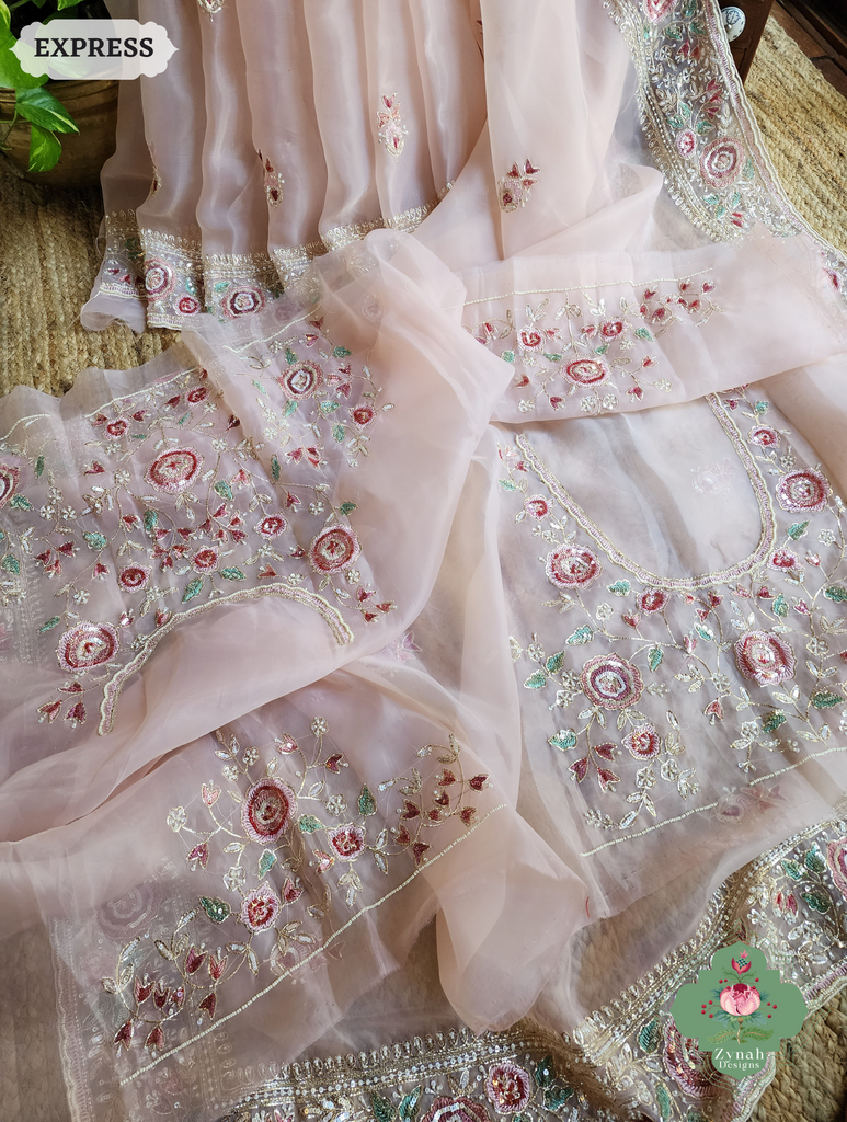 Zynah Pink Organza Silk Saree With Thread Embroidery & Hand Embellished With Sequins, Pearls & Cutdana Beads; Custom Stitched/Ready-made Blouse, Fall, Petticoat; SKU: 1203202502