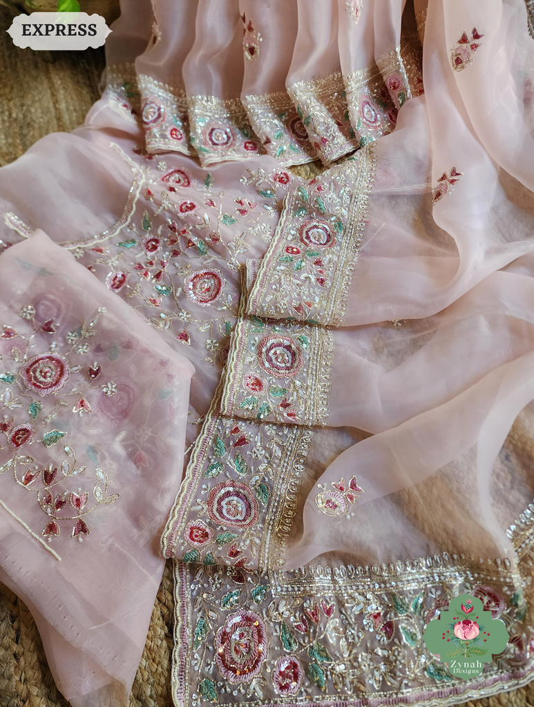 Zynah Pink Organza Silk Saree With Thread Embroidery & Hand Embellished With Sequins, Pearls & Cutdana Beads; Custom Stitched/Ready-made Blouse, Fall, Petticoat; SKU: 1203202502