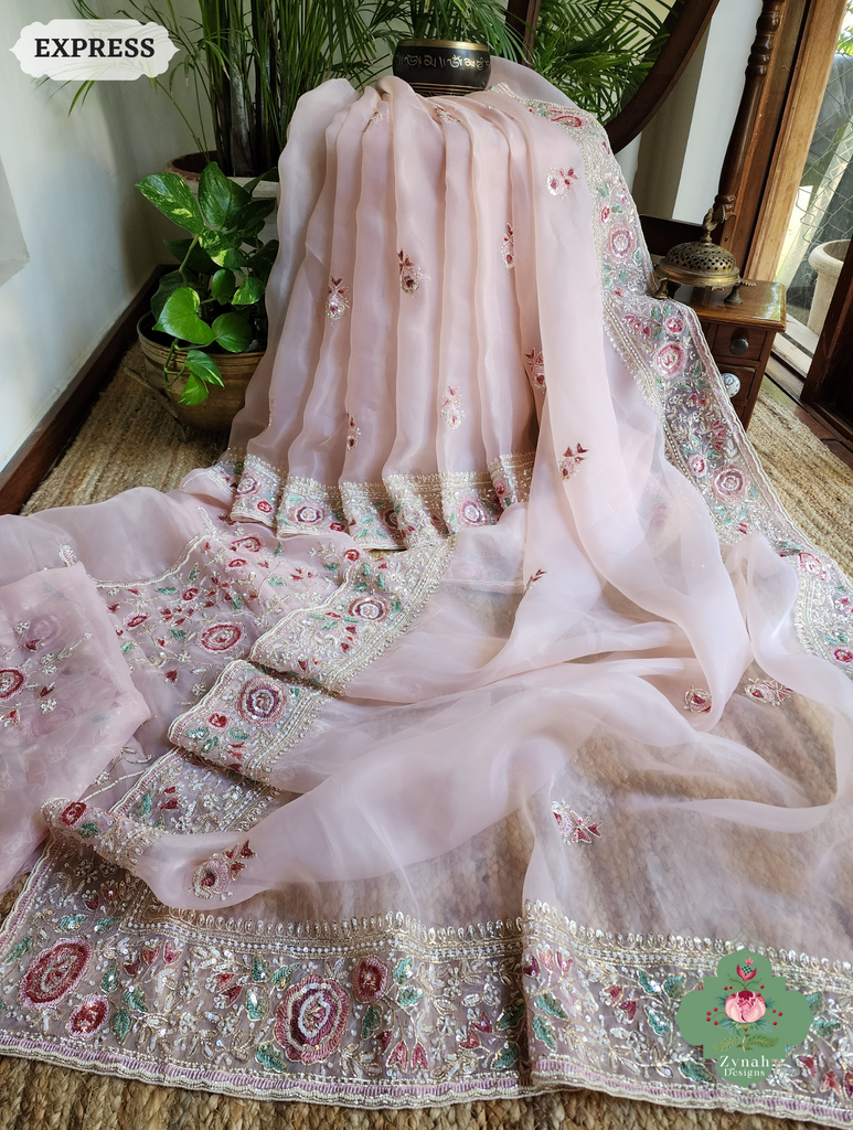 Zynah Pink Organza Silk Saree With Thread Embroidery & Hand Embellished With Sequins, Pearls & Cutdana Beads; Custom Stitched/Ready-made Blouse, Fall, Petticoat; SKU: 1203202502