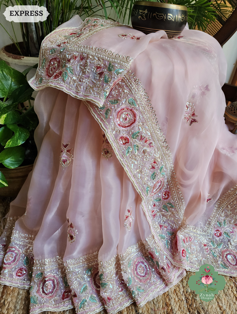 Zynah Pink Organza Silk Saree With Thread Embroidery & Hand Embellished With Sequins, Pearls & Cutdana Beads; Custom Stitched/Ready-made Blouse, Fall, Petticoat; SKU: 1203202502