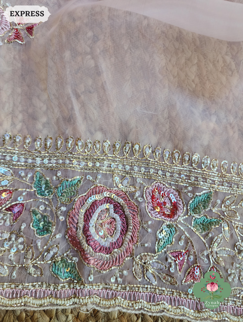 Zynah Pink Organza Silk Saree With Thread Embroidery & Hand Embellished With Sequins, Pearls & Cutdana Beads; Custom Stitched/Ready-made Blouse, Fall, Petticoat; SKU: 1203202502