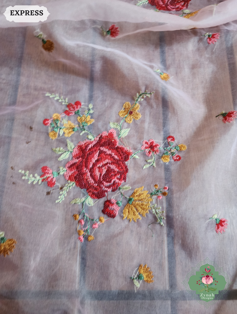 Zynah Pink Organza Silk Saree Featuring Cross-Stitch Embroidered Roses & Scalloped Border Hand Embellished With Cutdana; Custom Stitched/Ready-made Blouse, Fall, Petticoat; SKU: 1112202401