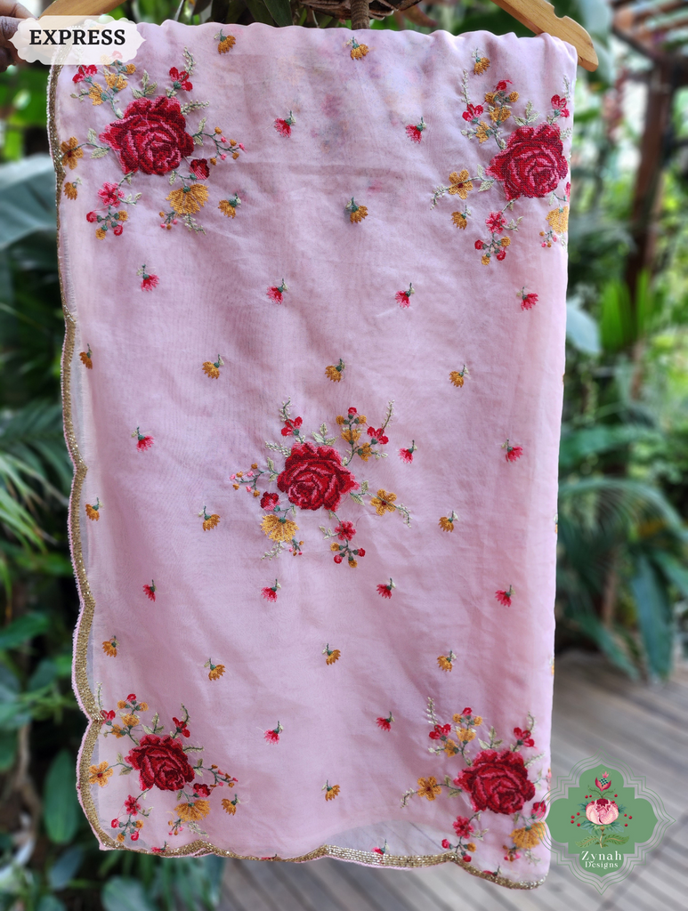 Zynah Pink Organza Silk Saree Featuring Cross-Stitch Embroidered Roses & Scalloped Border Hand Embellished With Cutdana; Custom Stitched/Ready-made Blouse, Fall, Petticoat; SKU: 1112202401