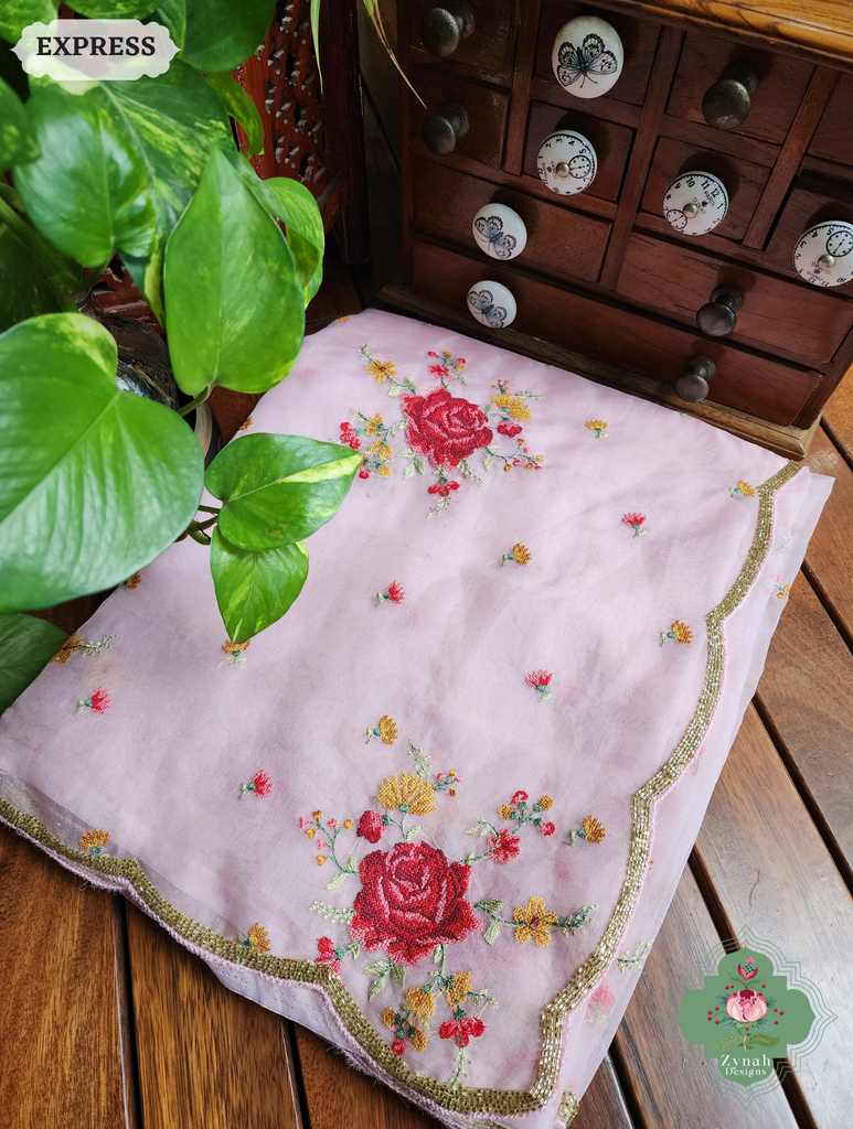 Zynah Pink Organza Silk Saree Featuring Cross-Stitch Embroidered Roses & Scalloped Border Hand Embellished With Cutdana; Custom Stitched/Ready-made Blouse, Fall, Petticoat; SKU: 1112202401