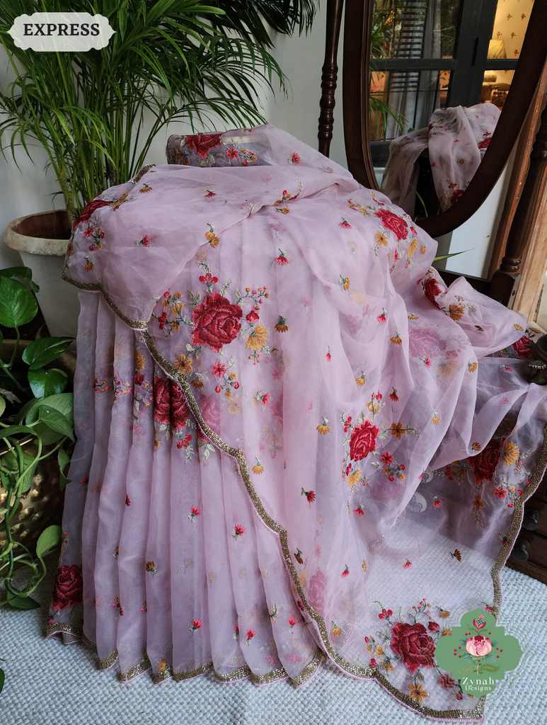 Zynah Pink Organza Silk Saree Featuring Cross-Stitch Embroidered Roses & Scalloped Border Hand Embellished With Cutdana; Custom Stitched/Ready-made Blouse, Fall, Petticoat; SKU: 1112202401