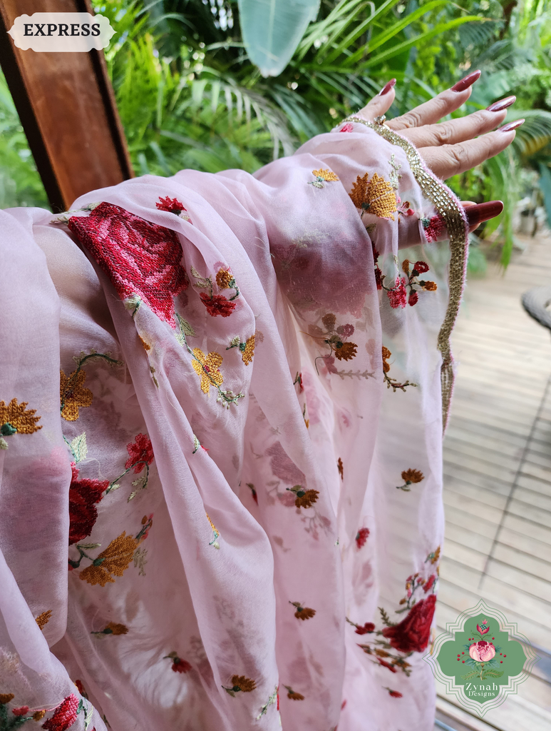 Zynah Pink Organza Silk Saree Featuring Cross-Stitch Embroidered Roses & Scalloped Border Hand Embellished With Cutdana; Custom Stitched/Ready-made Blouse, Fall, Petticoat; SKU: 1112202401