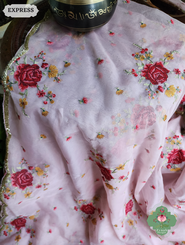 Zynah Pink Organza Silk Saree Featuring Cross-Stitch Embroidered Roses & Scalloped Border Hand Embellished With Cutdana; Custom Stitched/Ready-made Blouse, Fall, Petticoat; SKU: 1112202401