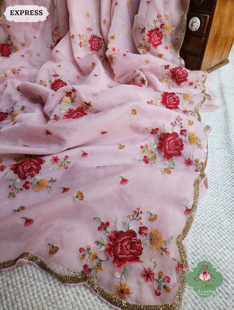 Zynah Pink Organza Silk Saree Featuring Cross-Stitch Embroidered Roses & Scalloped Border Hand Embellished With Cutdana; Custom Stitched/Ready-made Blouse, Fall, Petticoat; SKU: 1112202401