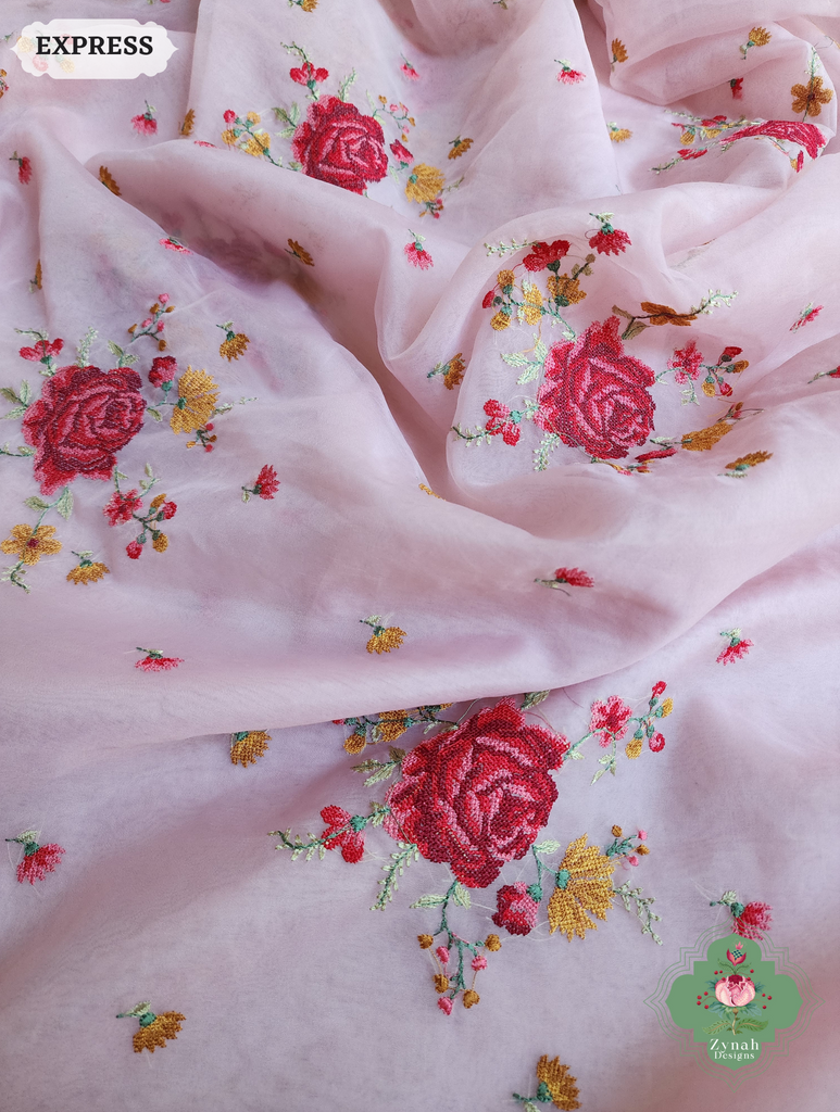 Zynah Pink Organza Silk Saree Featuring Cross-Stitch Embroidered Roses & Scalloped Border Hand Embellished With Cutdana; Custom Stitched/Ready-made Blouse, Fall, Petticoat; SKU: 1112202401
