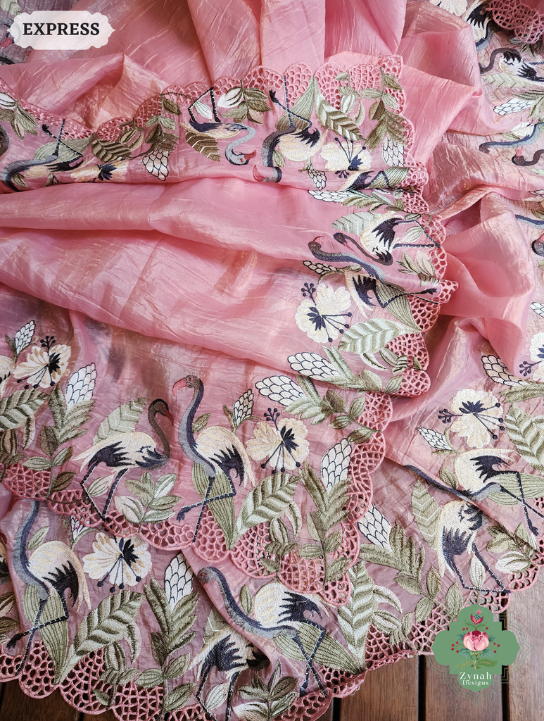 Zynah Pink Organza Tissue Saree With Exquisite Crane Embroidery & Cutwork Scalloped Border; Custom Stitched/Ready-made Blouse, Fall, Petticoat; SKU: 0410202502