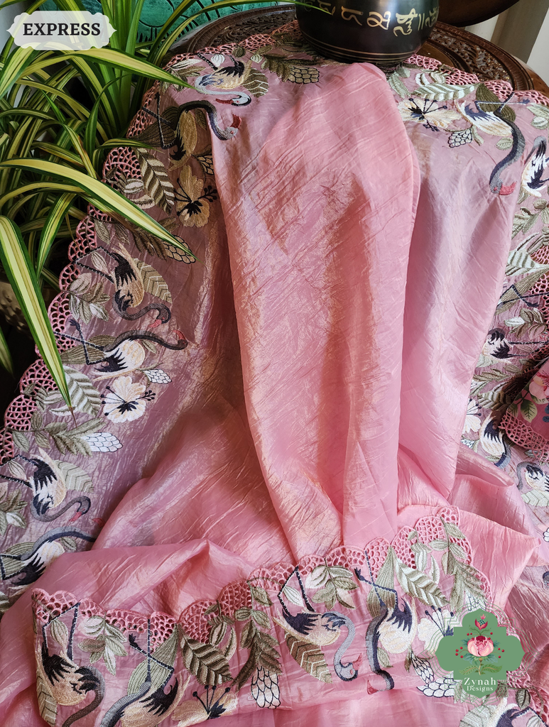 Zynah Pink Organza Tissue Saree With Exquisite Crane Embroidery & Cutwork Scalloped Border; Custom Stitched/Ready-made Blouse, Fall, Petticoat; SKU: 0410202502