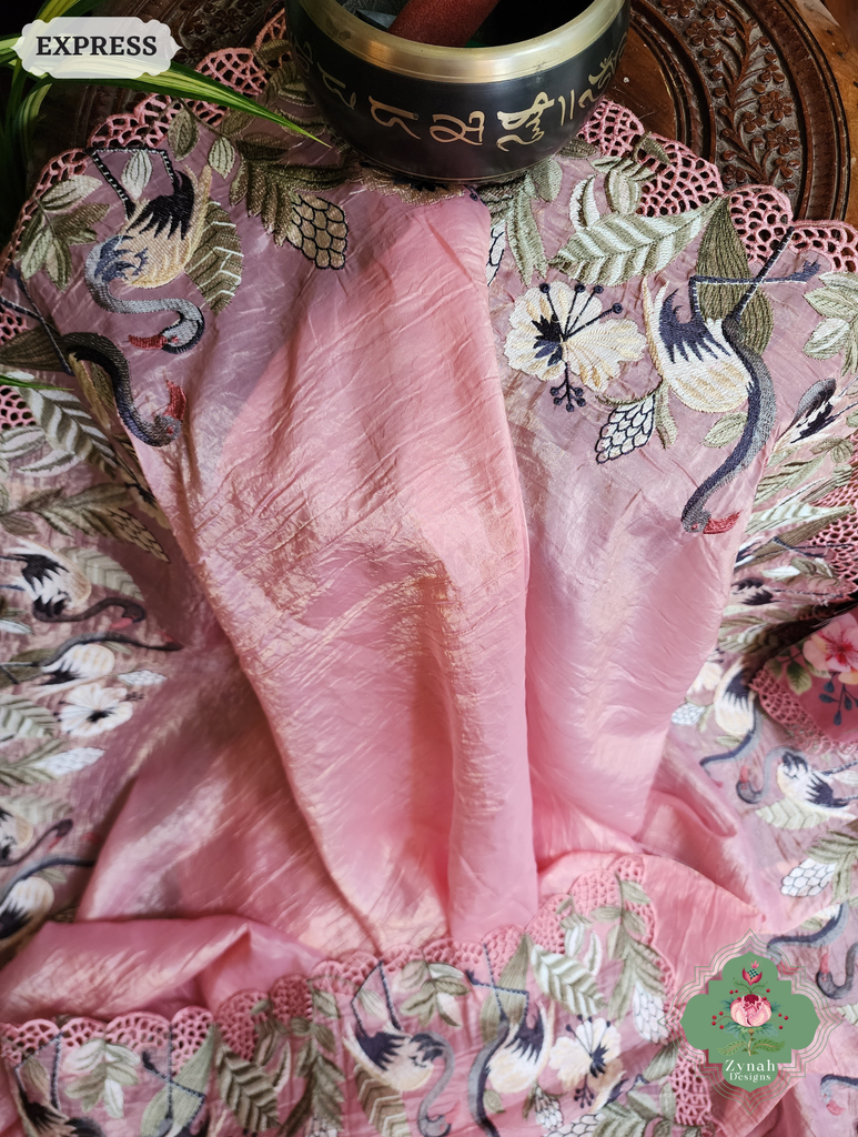 Zynah Pink Organza Tissue Saree With Exquisite Crane Embroidery & Cutwork Scalloped Border; Custom Stitched/Ready-made Blouse, Fall, Petticoat; SKU: 0410202502